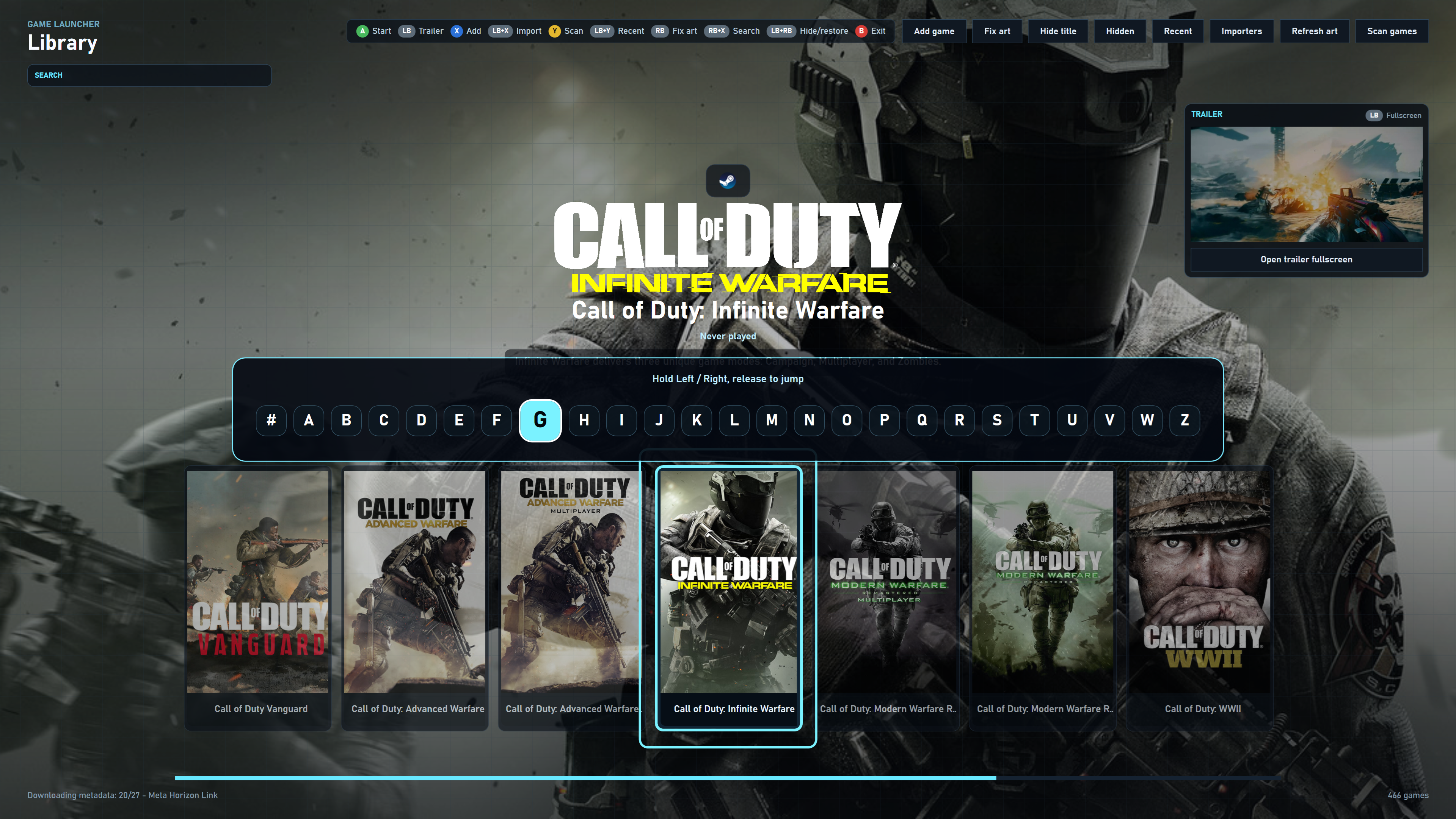 Josties Game Launcher search keyboard overlay controlled by gamepad