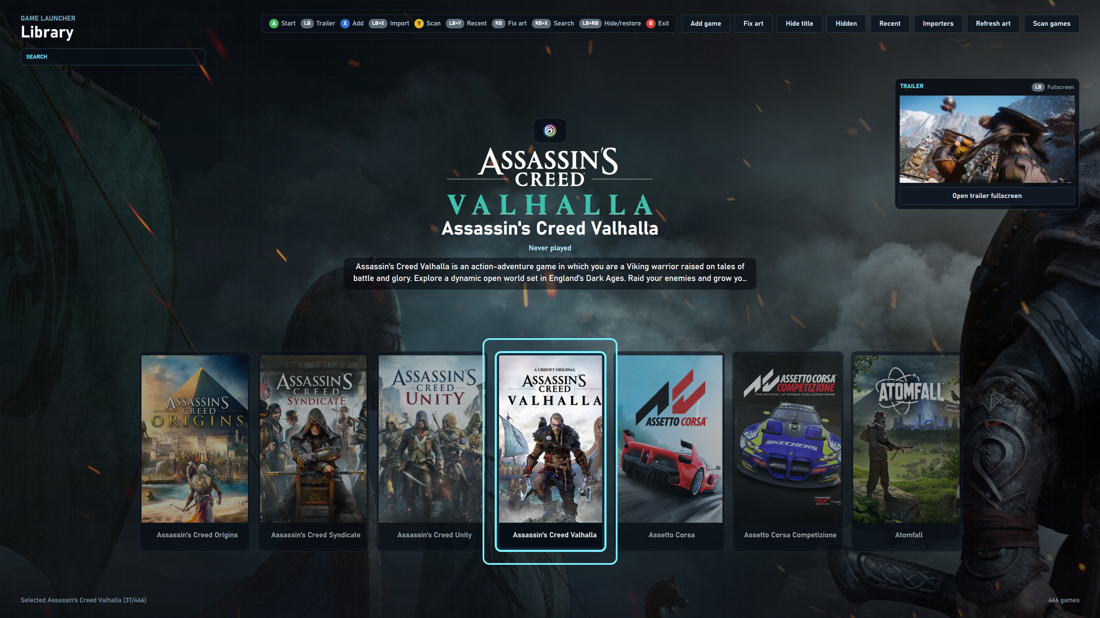 Josties Game Launcher library with cover art, trailer panel and controller shortcuts
